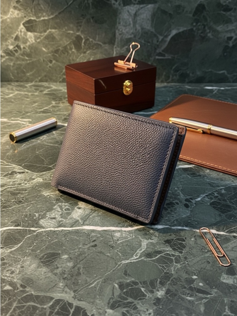 Navy & Brown Leather Bi-Fold Wallet - Picture 3 of 4